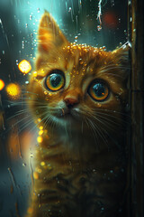 A cartoon cat is seen looking out of a window while rain falls outside