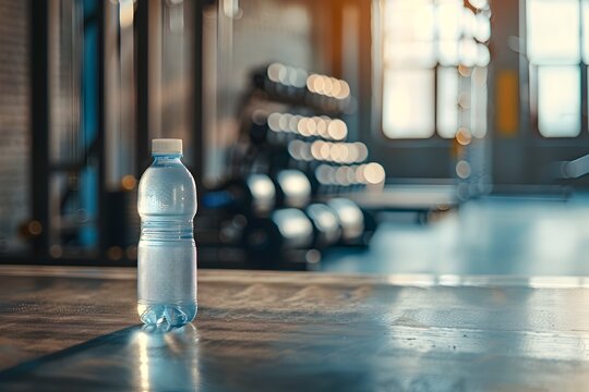 Water Bottle on Gym Table with Luminosity, To convey a sense of modern fitness and hydration in a sleek and minimalistic style
