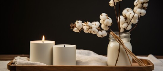 Cotton flower and wooden wick candles on a tray