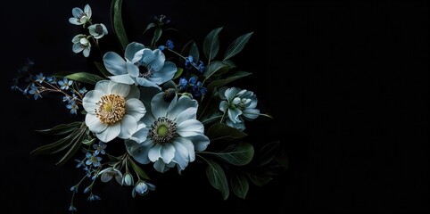 Invitation background black with beautiful lush flowers, perfect for: Wedding, engagement, event, celebrations, funerals, birthdays, anniversary and gift cards, lush bouquet, backdrop