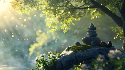 Zen Stone Cairns in Tranquil Gardenscape, To convey a sense of tranquility and mindfulness, perfect for a background image or as a focal point in a
