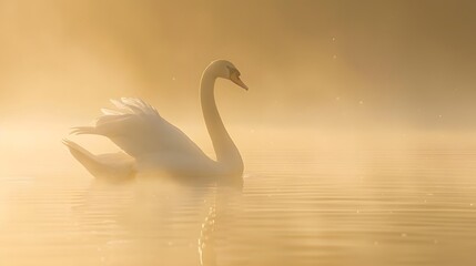 Mute swan Cygnus olor gliding across a mist covered lake at dawn
