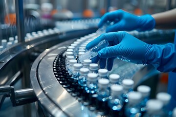 Factory Worker Handling Bottles on Conveyor Belt in Molecular Style, To convey the precision and importance of quality control in a factory setting