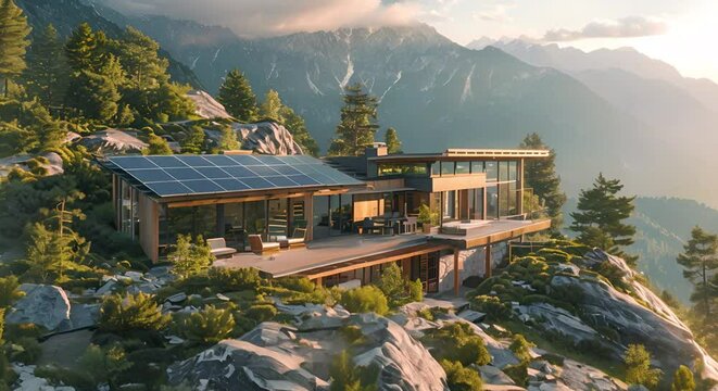House With Solar Panel on Mountain Top