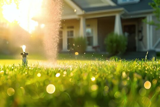 Sprinkling Water on Front Lawn of House