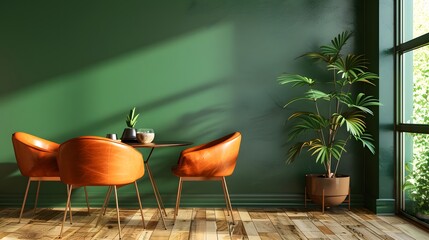 Orange leather chairs at round dining table against green wall. Scandinavian, mid-century home interior design of modern living room.
