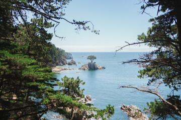 Shot of Islote Prenzel in the sea. Framed by forest trees. Sunny day. Hualpén, Bío Bío, Chile.