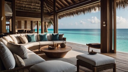 Fototapeta premium Sumptuous beachfront retreat on the idyllic shores of the Maldives, boasting unparalleled views of turquoise waters and overwater bungalows with direct access to the Ocean