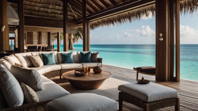 Sumptuous beachfront retreat on the idyllic shores of the Maldives, boasting unparalleled views of turquoise waters and overwater bungalows with direct access to the Ocean