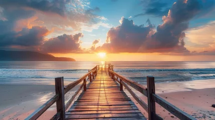 Tableaux ronds sur aluminium Descente vers la plage view of the footbridge on the beach at sunrise. Relax on vacation