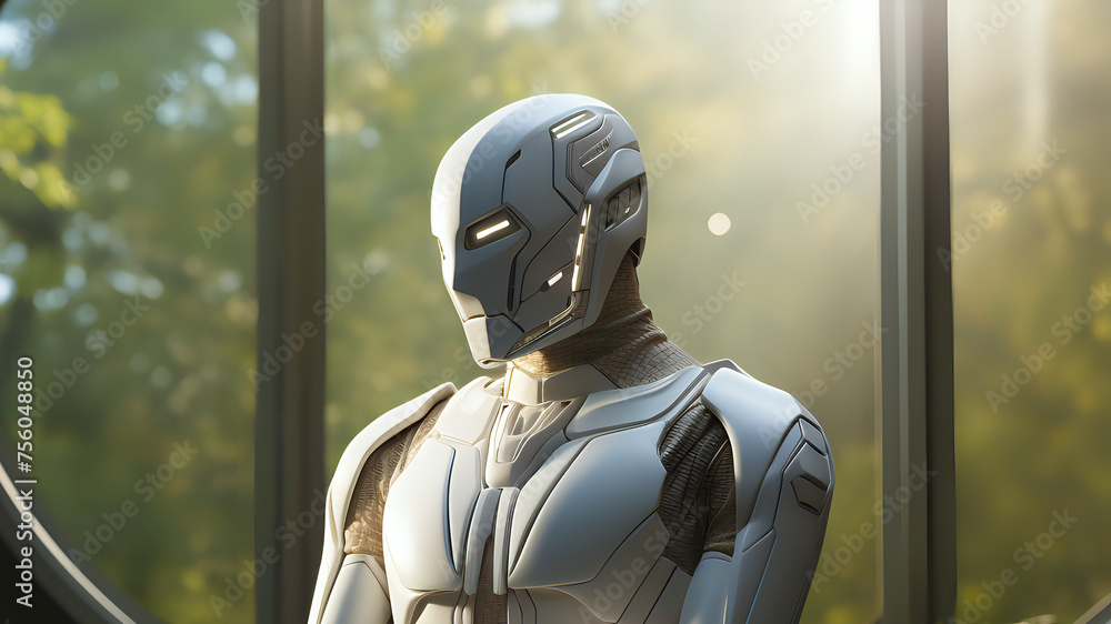 Poster futuristic robotic contemplation. an advanced robot gazes out a window, a perfect image for concepts