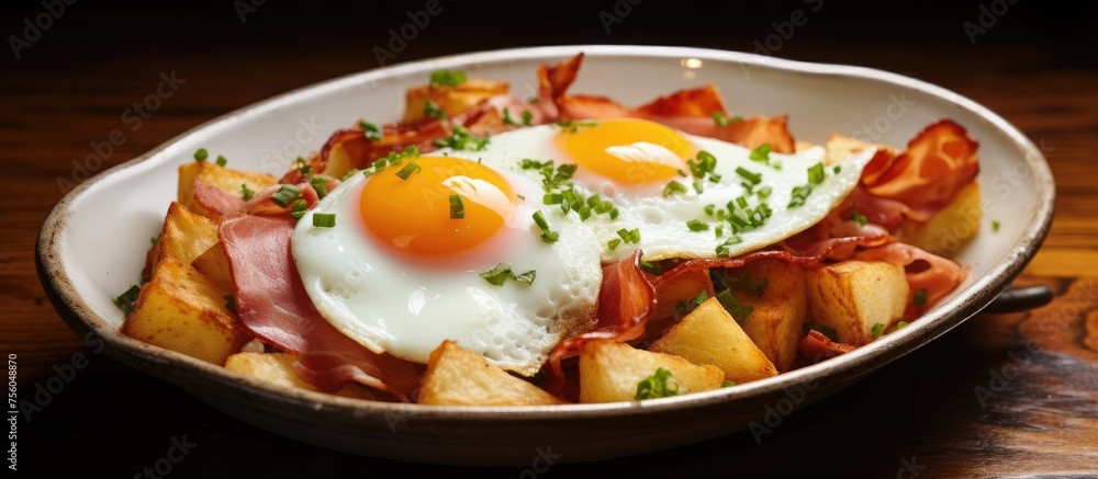 Canvas Prints A delicious dish made with fried eggs, potatoes, and bacon presented in a bowl on a rustic wooden table