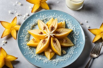 Dessert of ice cream with star shaped carambola garnish is made of crushed almonds, orange slices. For summer dessert, unique culinary presentation, digital restaurant menus, food delivery apps.