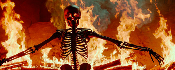 Esqueleto bailando con fuego y llamas por la noche - obrazy, fototapety, plakaty
