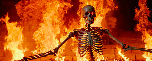 Esqueleto bailando con fuego y llamas por la noche - obrazy, fototapety, plakaty