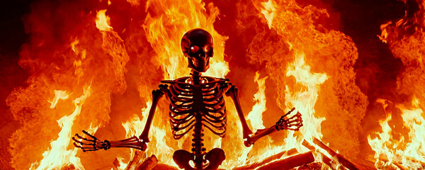 Esqueleto bailando con fuego y llamas por la noche