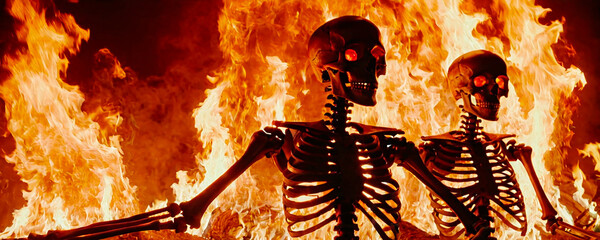 Esqueletos bailando con fuego y llamas por la noche - obrazy, fototapety, plakaty