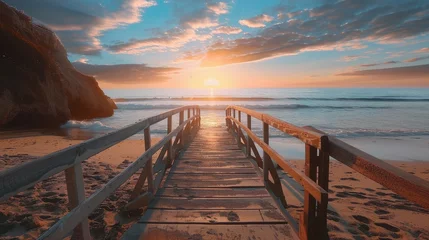 Plexiglas foto achterwand view of the footbridge on the beach at sunrise. Relax on vacation © Ilmi