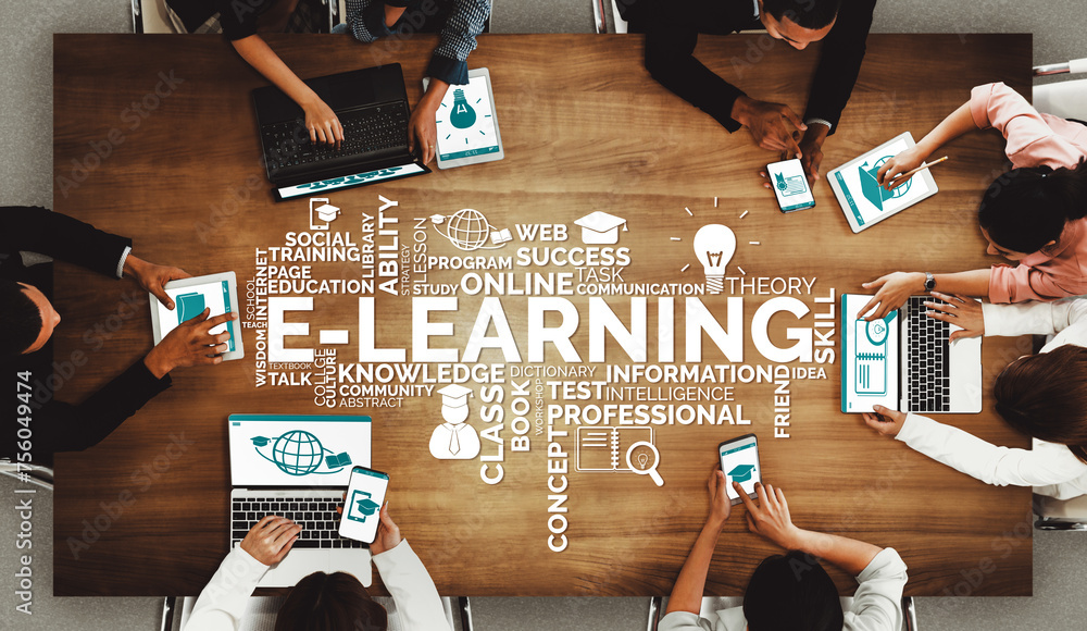 Aufkleber e-learning and online education for student and university concept. graphic interface showing techno