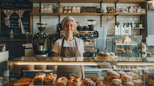 Startup small business owner female baker standing at the counter of bakery and coffee shop. SME entrepreneur seller business concept