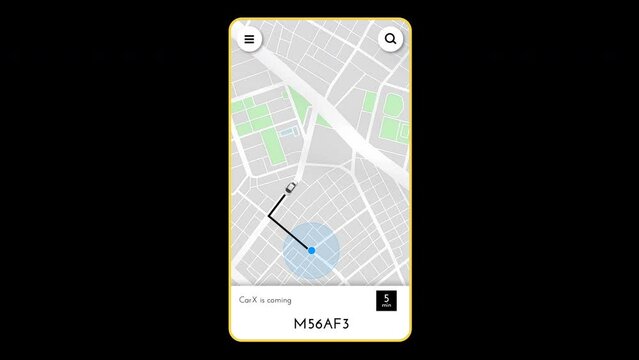 Taxi service online application. Top view of modern city map with location pins. Taxi mobile app, map and pointer, gps navigation. Animation