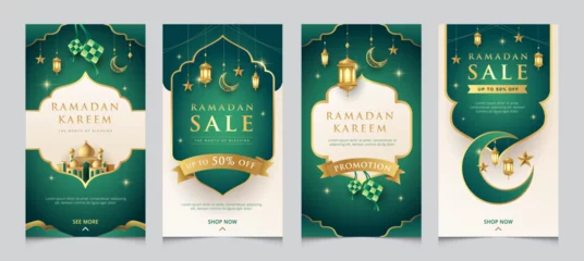 Fotobehang Modern Ramadan design template for social media posting. Fresh green Raya with golden islamic elements templates collection. © CheowKeong