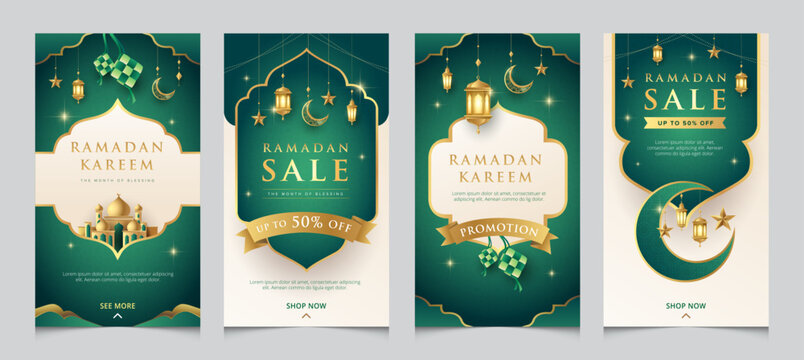 Modern Ramadan design template for social media posting. Fresh green Raya with golden islamic elements templates collection.