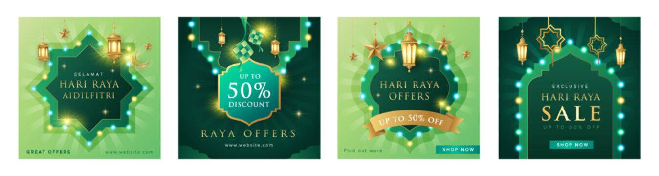 Retro light bulb style raya design template for social media posting. Green Raya sale design with golden islamic elements templates collection.
