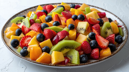 Close up of fruit salad made with mango, kiwis, blueberries, raspberries, strawberries and chia seed on white plate, light background. - Powered by Adobe
