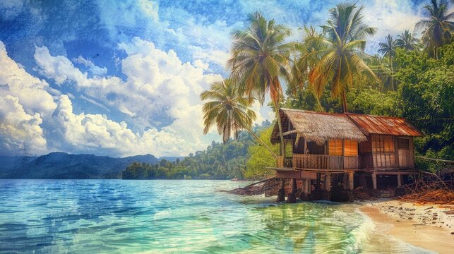 paradise coast beach island sea ocean vacation with old wood house. Graphic Art wallpaper. nature landscape paintings