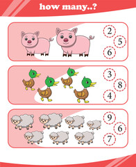 Education game for children count and match the number of cute wild animal. Printable worksheet. Vector illustration