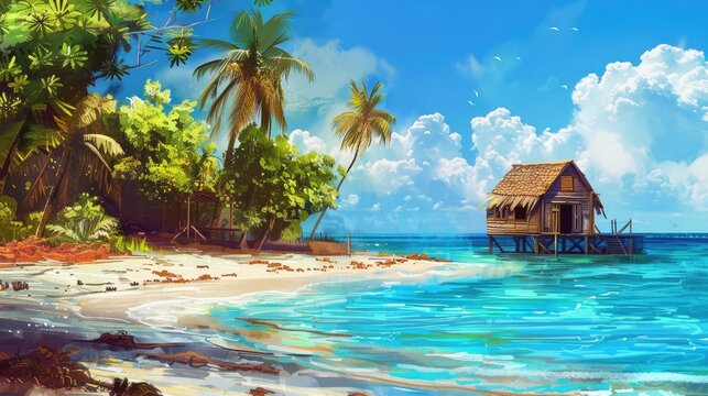 paradise coast beach island sea ocean vacation with old wood house. Graphic Art wallpaper. nature landscape paintings