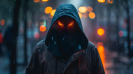 a man in a hooded jacket with red eyes is standing in the dark - obrazy, fototapety, plakaty