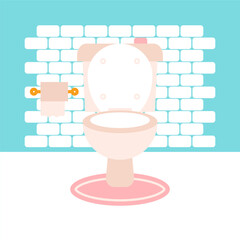 Blue Bathroom Light Toilet. Vector Illustration of Flat Tile Wall and Pink Carpet.
