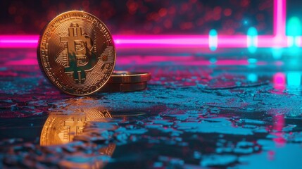 golden bitcoin, neon digital background generative ai