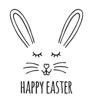 Vector hand drawn doodle sketch bunny rabbit face with happy Easter text isolated on white background