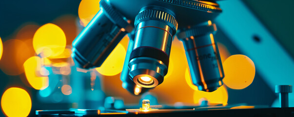 Microscope with metal lens at laboratory. Scientific and healthcare research, examining of test sample in a lab. Medical equipment. Science and technology concept
