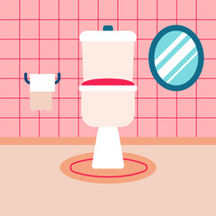 Blue Bathroom Blue Toilet. Vector Illustration of Flat Tile Wall and Pink Carpet and Mirror.