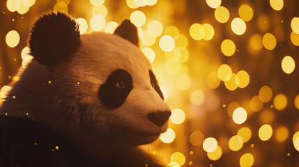 Urso panda isolado e ao fundo luzes amarelas - Papel de parede - obrazy, fototapety, plakaty