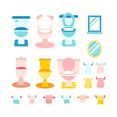 Toilet Isolated Flat Set. Vector Illustration of Objects over White. Mirror and Paper and Towel.