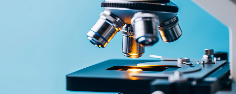 Microscope with metal lens at laboratory. Scientific and healthcare research, examining of test sample in a lab. Medical equipment. Science and technology concept