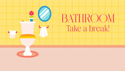 Toilet Yellow Bathroom Flat Banner. Vector Illustration of Tile Wall and Pink Carpet. Mirror and Towel. Paper.