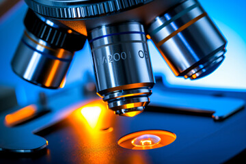 Microscope with metal lens at laboratory. Scientific and healthcare research, examining of test sample in a lab. Medical equipment. Science and technology concept