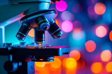 Microscope with metal lens at laboratory. Scientific and healthcare research, examining of test sample in a lab. Medical equipment. Science and technology concept