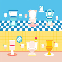 Toilet Bathroom Flat Concept. Vector Illustration of Tile Floor and Carpets. Towels and Papers.