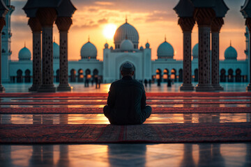 Silhouette of a man praying in a mosque, facing the setting sun