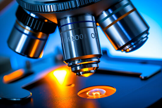 Microscope with metal lens at laboratory. Scientific and healthcare research, examining of test sample in a lab. Medical equipment. Science and technology concept