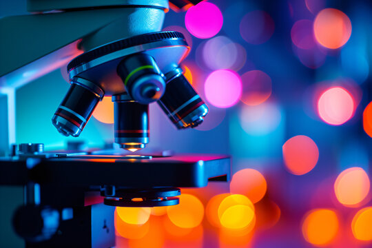 Microscope with metal lens at laboratory. Scientific and healthcare research, examining of test sample in a lab. Medical equipment. Science and technology concept