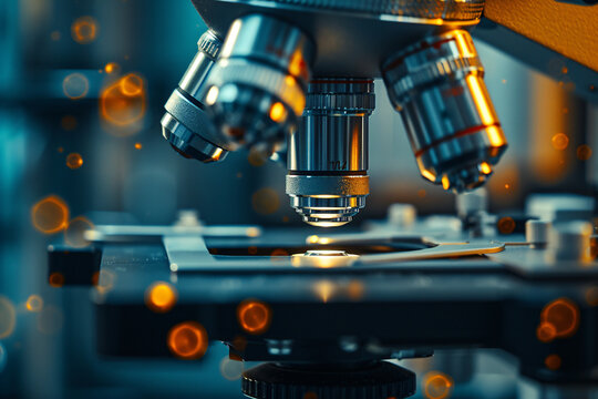 Microscope with metal lens at laboratory. Scientific and healthcare research, examining of test sample in a lab. Medical equipment. Science and technology concept