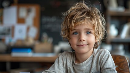 Young Boy Sitting at Table in Front of Blackboard - obrazy, fototapety, plakaty